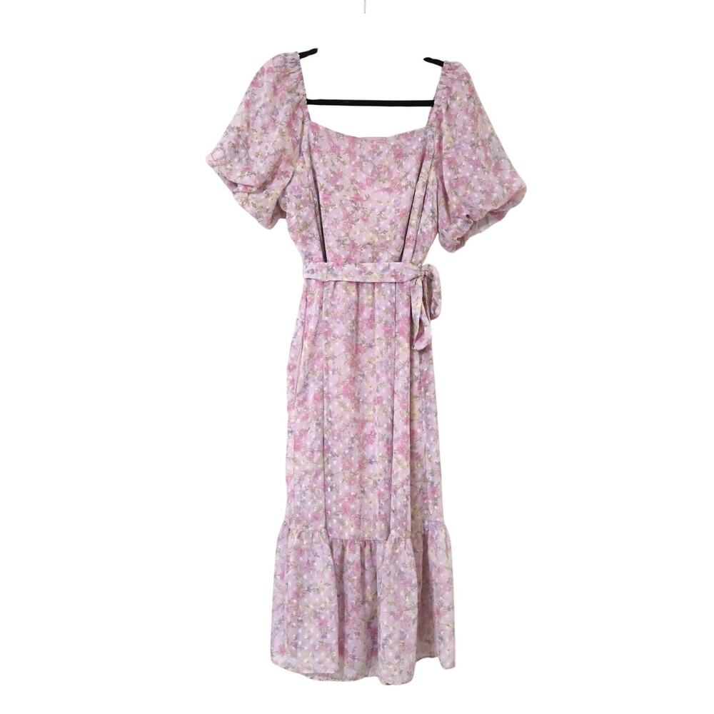 Julia Jordan Lilac Swiss Dot Floral Puff Sleeve Midi Dress 14 Cottagecore Fem